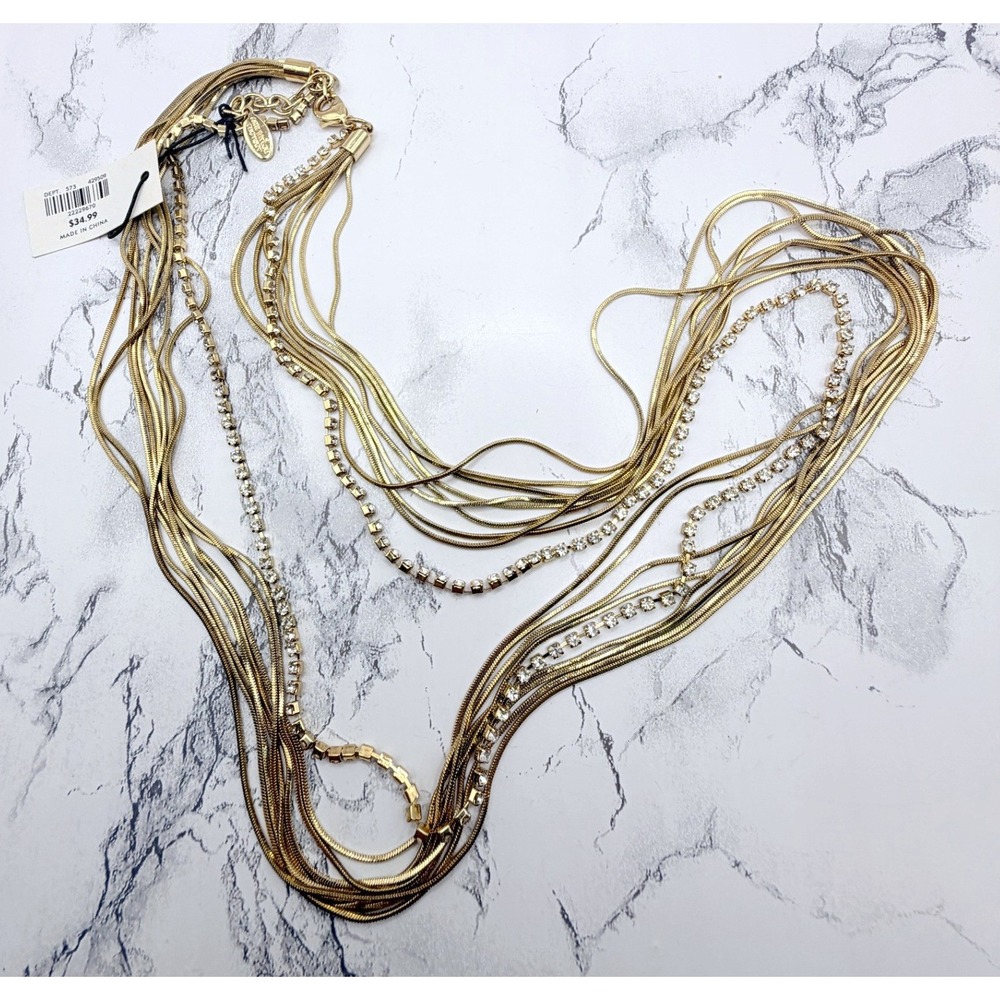 Ann Taylor Factory 9 Strand Gold Tone Rhinestone Necklace NWT 27 Inch - Picture 3 of 6